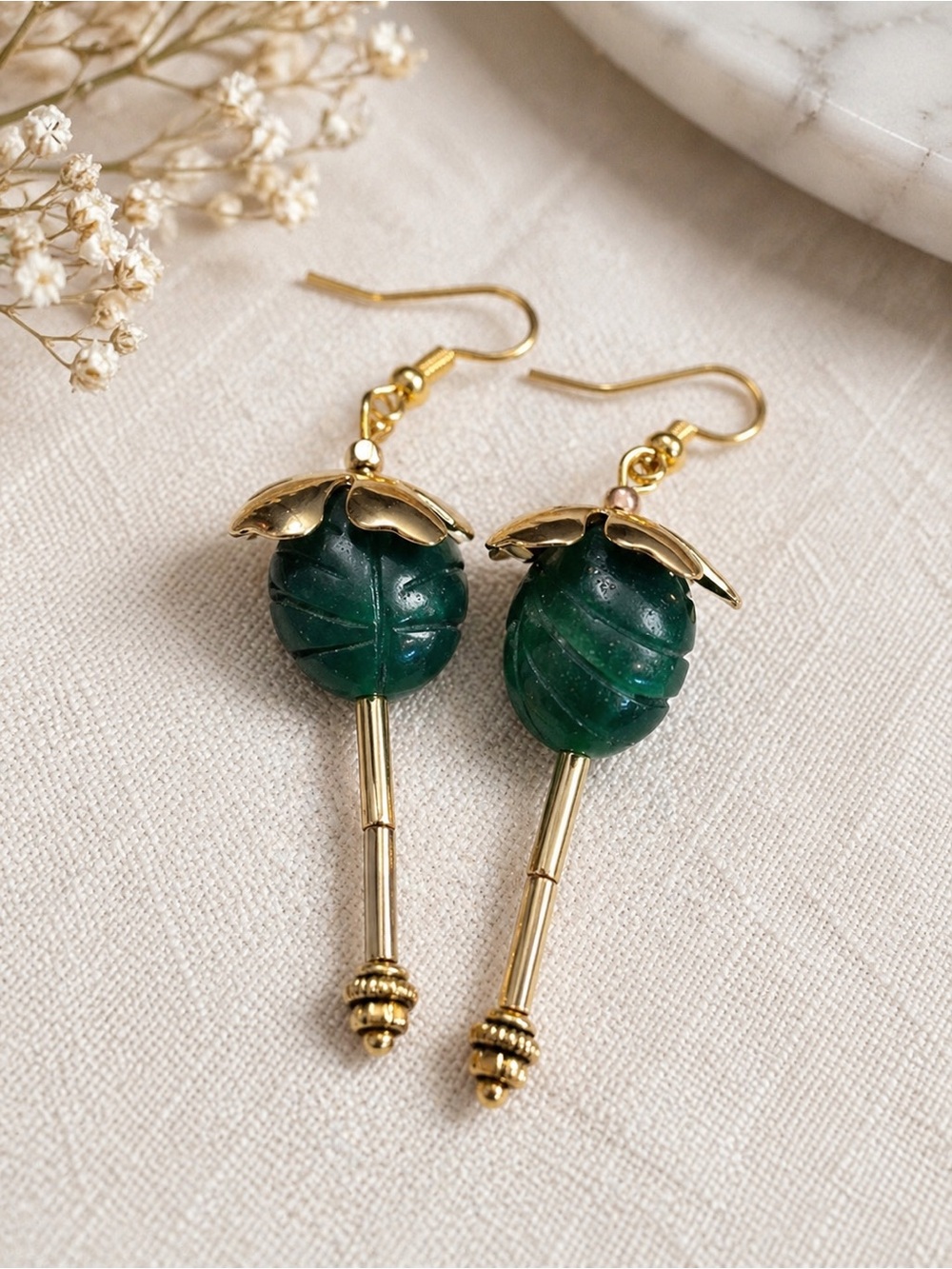 Artisan Carved Emerald Floral Earrings •Botanical High Jewelry Design •GP Hooks